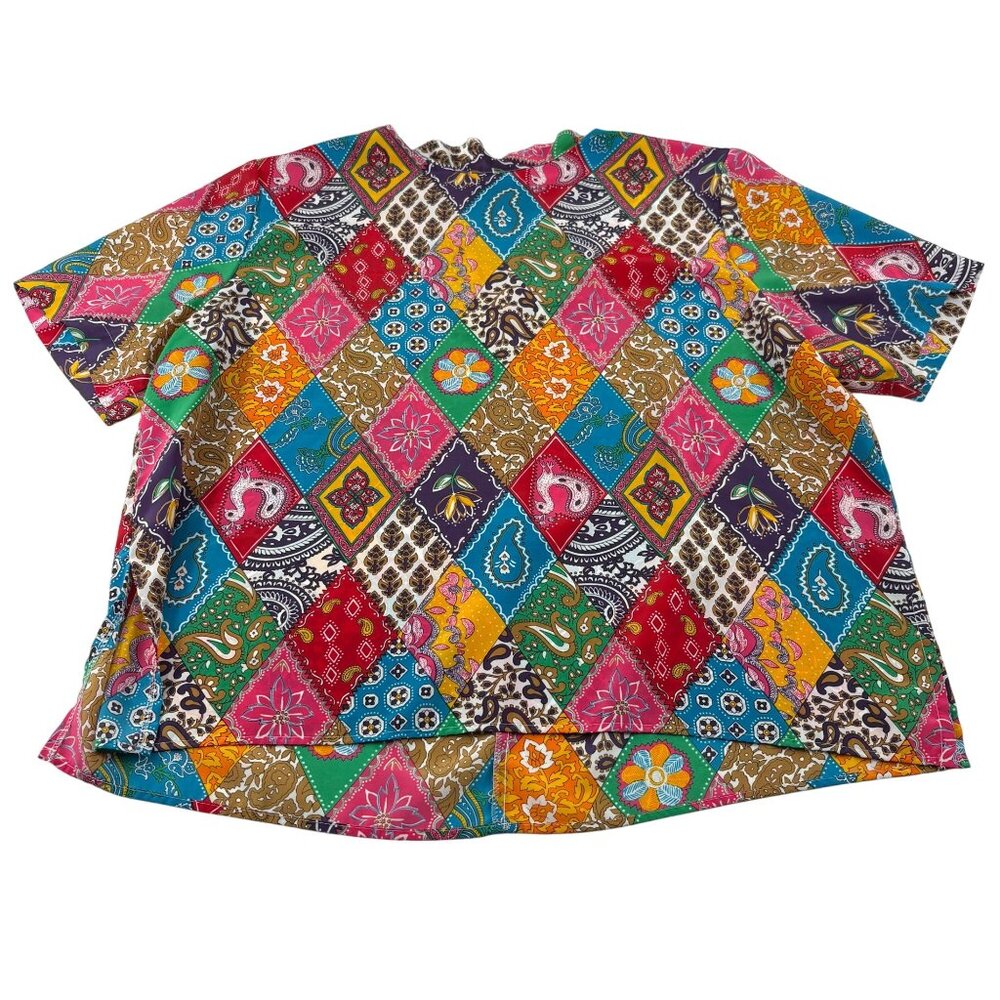Notations Woman‎ Vintage Blouse size 24W Colorful Patchwork Design Short Sleeve